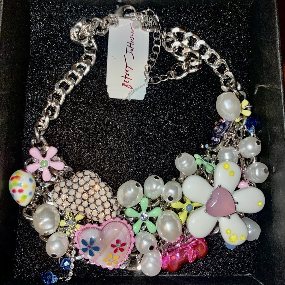 Betsey Johnson Silver "Hop to It" Spring Statement Bib Necklace NWT